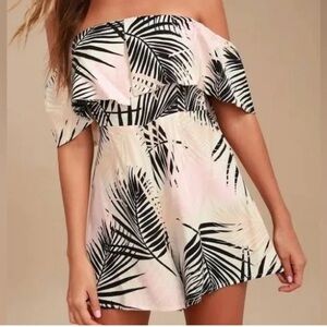 MINKPINK Black and White Palm Print Off-Shoulder Romper